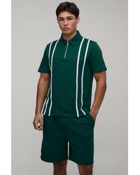 BoohooMAN - Regular Fit Zip Up Stripe Polo & Jersey Short Set - Lyst