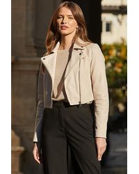Sosandar - Ecru Cropped Leather Biker Jacket - Lyst