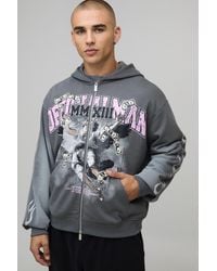 BoohooMAN - Oversized Boxy Glitter Print Spray Wash Graphic Zip Up Hoodie - Lyst