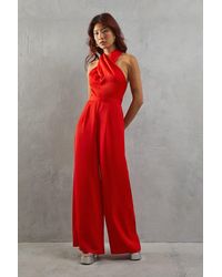 Warehouse - Twist Neck Satin Wide Leg Jumpsuit - Lyst