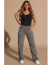 Femme Luxe - Straight Wide Leg Distressed Cross Patch Denim Jeans - Lyst