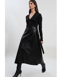 Karen Millen - Figure Form Pu Mix Tab Detail Pleated Knit Midi Dress - Lyst