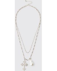 BoohooMAN - Cross And Gem Layered Necklace - Lyst