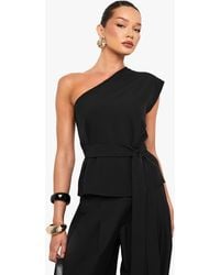 Boohoo - Woven Hammered One Shoulder Belted Top - Lyst