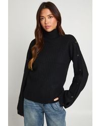Boohoo - Super Soft Button Sleeve Detail High Neck Knitted Jumper - Lyst