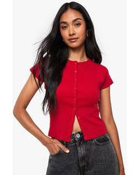 Boohoo - Rib Button Through Cap Sleeve Top - Lyst