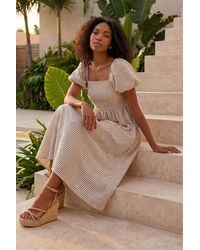 Roman - Stripe Puff Sleeve Midi Dress - Lyst