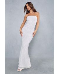 MissPap - Lace Overlay Mesh Fitted Flare Hem Bandeau Maxi Dress - Lyst
