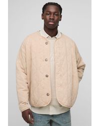 BoohooMAN - Oversized Washed Twill Quilted Collarless Bomber Jacket - Lyst
