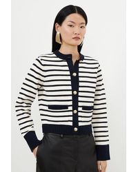 Karen Millen - Cotton Cropped Knit Boxy Striped Cardigan - Lyst