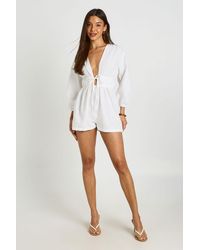 Boohoo - Linen Look Volume Sleeve Shirred Playsuit - Lyst