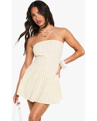 Boohoo - Petite Stripe Linen Look Button Down Pepum Mini Dress - Lyst