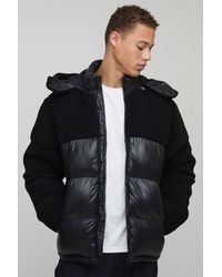 BoohooMAN - Tall Borg And High Shine Hooded Regular Fit Puffer - Lyst
