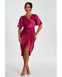 Quiz - Petite Raspberry Satin Ruched Wrap Midi Dress - Lyst