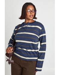 Boohoo - Plus Striped Long Sleeve Henley Button Boxy Top - Lyst