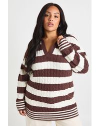 Boohoo - Plus V Neck Collared Stripe Jumper - Lyst