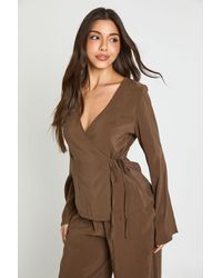 Boohoo - Long Sleeve Wrap Over Tie Waist Top - Lyst