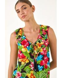 Roman - Floral Print Tie Front Frill Top - Lyst