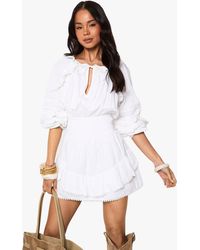Boohoo - Cotton Lace Trim Ruffle Long Sleeve Mini Dress - Lyst