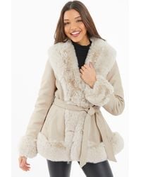 Quiz - Faux Fur Trim Belted Jacket - Lyst