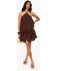 Boohoo - Petite Halterneck Trim Tiered Mini Dress - Lyst