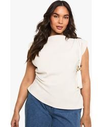 Boohoo - Plus Gathered Shoulder Pad Asymmetric Blouse - Lyst