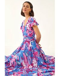 Roman - Abstract Floral Ruched Midi Dress - Lyst