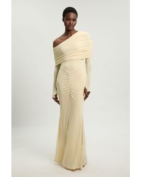 Karen Millen - Petite Drapey Crepe Off The Shoulder Ruched Detail Fishtail Maxi Dress - Lyst