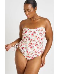 Boohoo - Plus Tomato Print Ruched Bandeau Swimsuit - Lyst