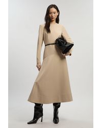 Karen Millen - Twill Drop Waist Detail Long Sleeve Belted Woven Midi Dress - Lyst