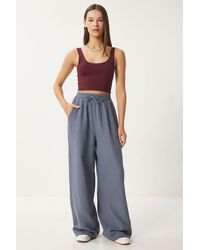 Happiness İstanbul - Wide Leg Drawstring Waist Pants With Binding Detail - Lyst