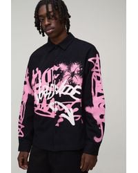 BoohooMAN - Oversized Long Sleeve Graffiti Spray Print Shirt - Lyst