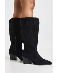 Boohoo - Wide Fit Embroidered Faux Suede Western Boots - Lyst