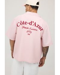 BoohooMAN - Oversized French Riviera Embroidered Seersucker Half Sleeve Shirt - Lyst