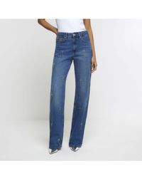 River Island - Straight Jeans Embellished Relaxed Cotton - Lyst