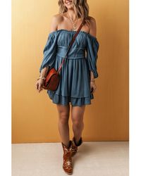 Azura Exchange - Real Frilled Neckline 3/4 Sleeve Layered Ruched Mini Dress Viscose - Lyst