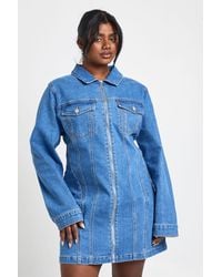 Boohoo - Plus Denim Zip Up Shift Dress - Lyst