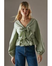 Warehouse - Poplin Tie Front Balloon Sleeve Blouse - Lyst