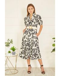 Yumi' - Premium Leaf Print Broderie Anglaise Cotton Midi Shirt Dress With Matching Belt - Lyst