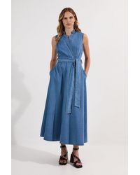 Karen Millen - Denim Tailored Notch Neck Belted Fluid Midi Dress - Lyst