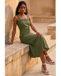 Roman - Linen Blend Lace Trim Midi Dress - Lyst