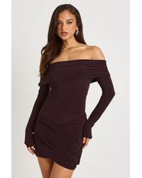 Boohoo - Bardot Drape Detail Long Sleeve Mini Dress - Lyst