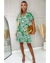 AX Paris - And Printed V Neck Short Sleeve Ruffle Hem Mini Dress - Lyst