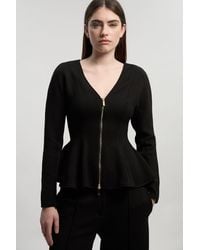 Karen Millen - Ponte Peplum Sleeve V Neck Top - Lyst
