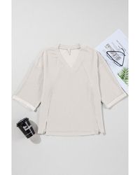 Azura Exchange - Witte Effen Kleur Koord Schouder 3/4 Mouw V-hals Top - Lyst