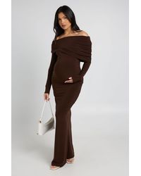 Boohoo - Maternity Double Slinky Bardot Long Sleeve Maxi Dress - Lyst