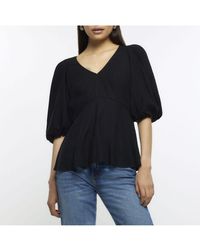 River Island - Top Black Puff Sleeve With Linen Viscose - Lyst