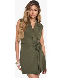 Boohoo - Linen Look Wrap Drape Front Sleeveless Blazer Dress - Lyst