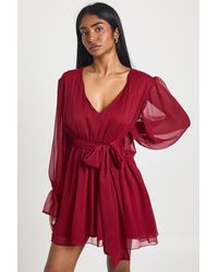 Boohoo - Chiffon Volume Sleeve Tie Waist Mini Dress - Lyst
