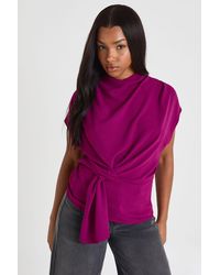 Boohoo - Hammered Knot Front Cowl Neck Blouse - Lyst